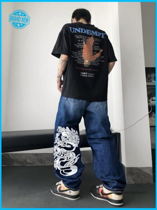 Y2K Baggy Jeans Vintage High Waist Wide Leg Gothic Print Street Style - Picture 2 of 5